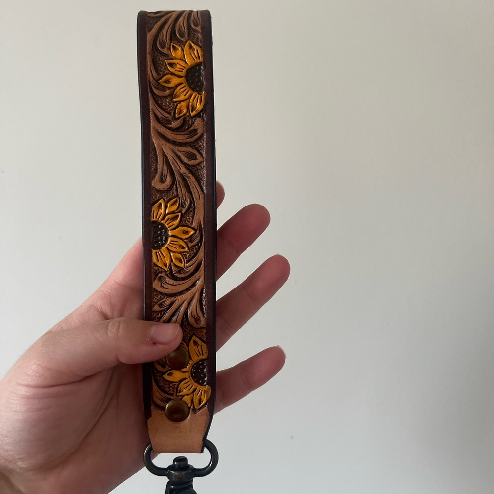 Handtooled Leather Keychain Wristlet with Sunflower Design - Brown & Yellow - Picture 2 of 2